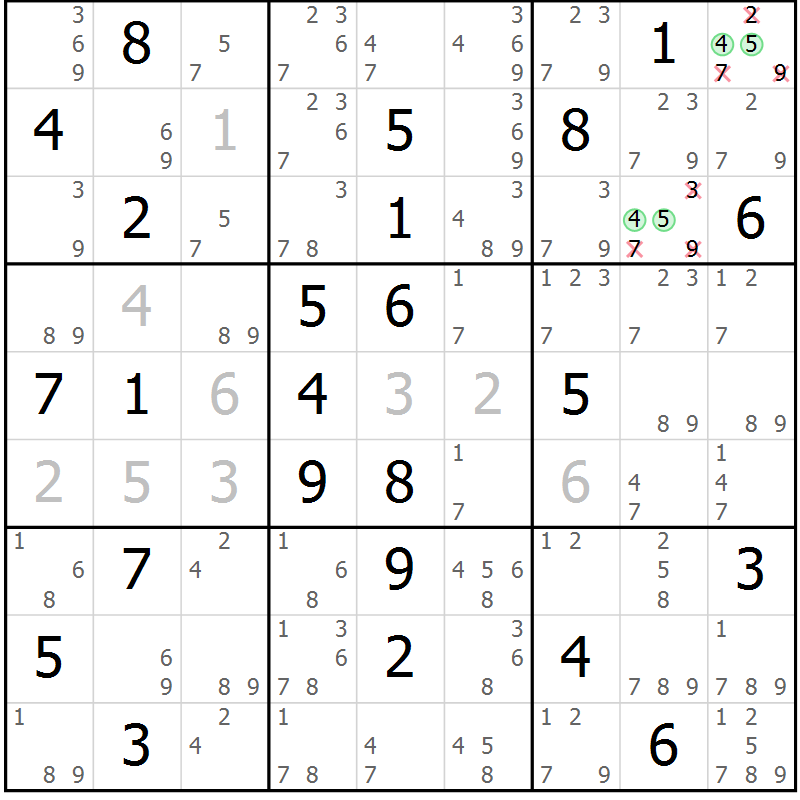 Position des candidats pour la solution de la Gr 69 page 72 du magazine de sudoku Suprême n° 034