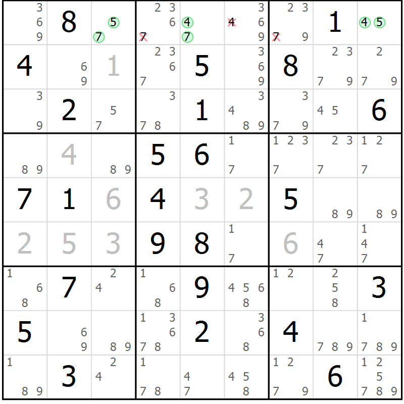 Position des candidats pour la solution de la Gr 69 page 72 du magazine de sudoku Suprême n° 034