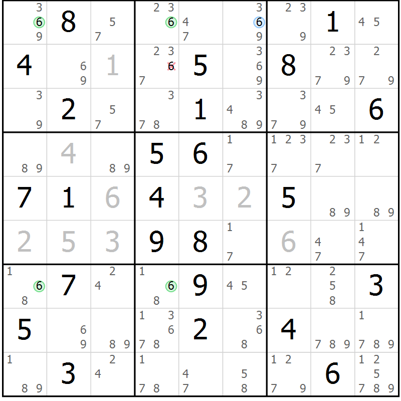 Position des candidats pour la solution de la Gr 69 page 72 du magazine de sudoku Suprême n° 034
