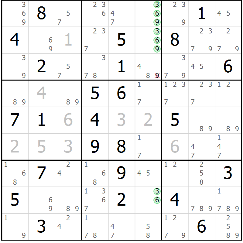 Position des candidats pour la solution de la Gr 69 page 72 du magazine de sudoku Suprême n° 034