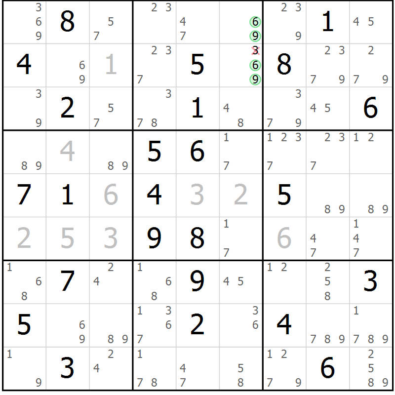 Position des candidats pour la solution de la Gr 69 page 72 du magazine de sudoku Suprême n° 034