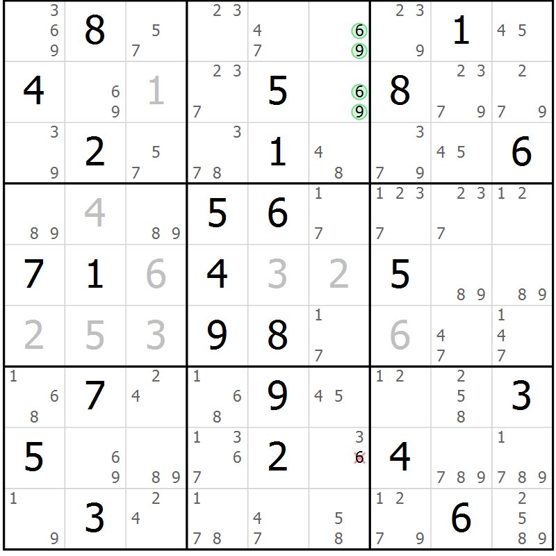 Position des candidats pour la solution de la Gr 69 page 72 du magazine de sudoku Suprême n° 034