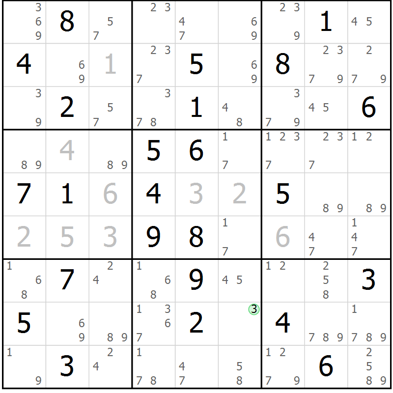 Position des candidats pour la solution de la Gr 69 page 72 du magazine de sudoku Suprême n° 034