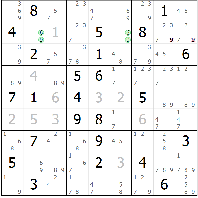 Position des candidats pour la solution de la Gr 69 page 72 du magazine de sudoku Suprême n° 034