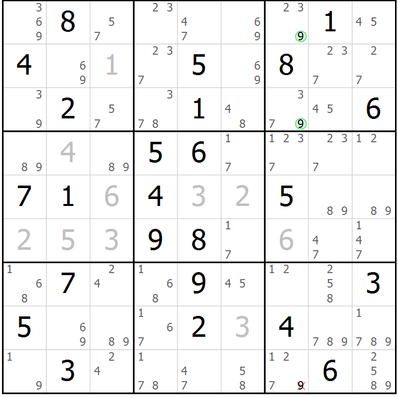 Position des candidats pour la solution de la Gr 69 page 72 du magazine de sudoku Suprême n° 034