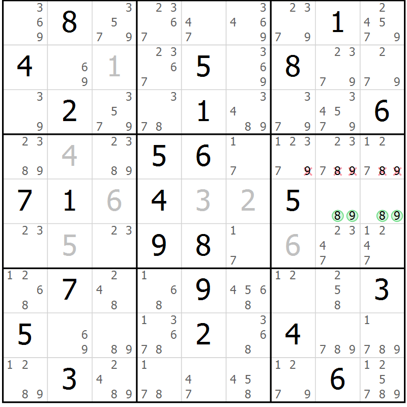 Position des candidats pour la solution de la Gr 69 page 72 du magazine de sudoku Suprême n° 034