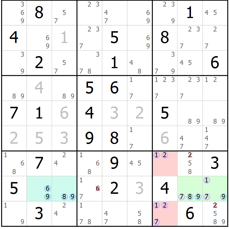 Position des candidats pour la solution de la Gr 69 page 72 du magazine de sudoku Suprême n° 034
