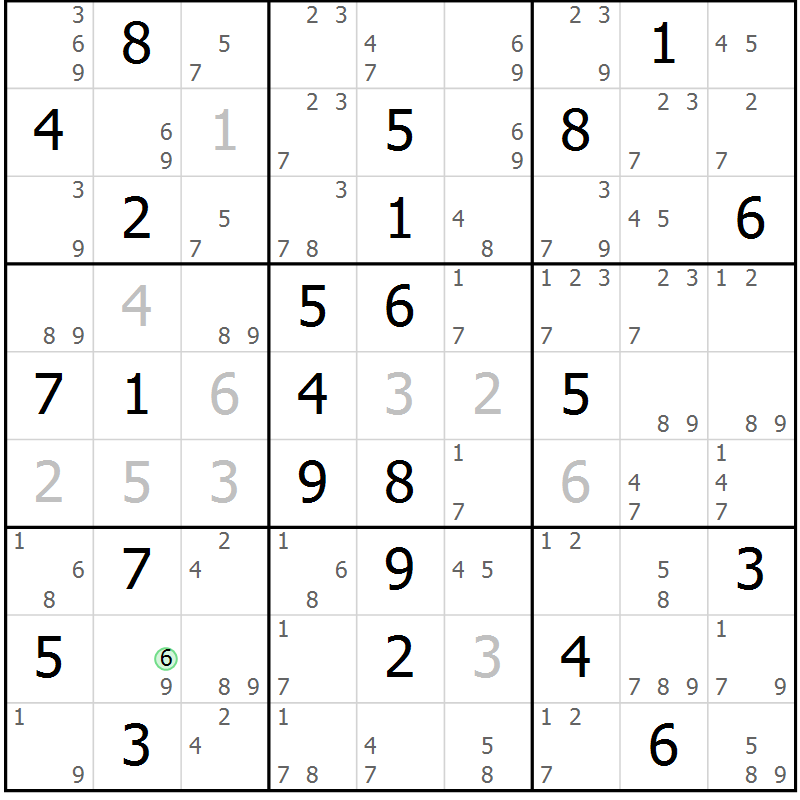 Position des candidats pour la solution de la Gr 69 page 72 du magazine de sudoku Suprême n° 034