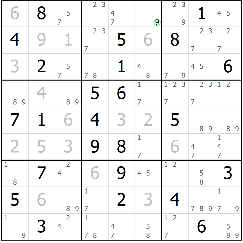 Position des candidats pour la solution de la Gr 69 page 72 du magazine de sudoku Suprême n° 034