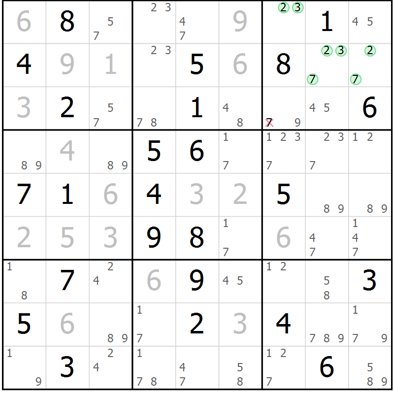 Position des candidats pour la solution de la Gr 69 page 72 du magazine de sudoku Suprême n° 034