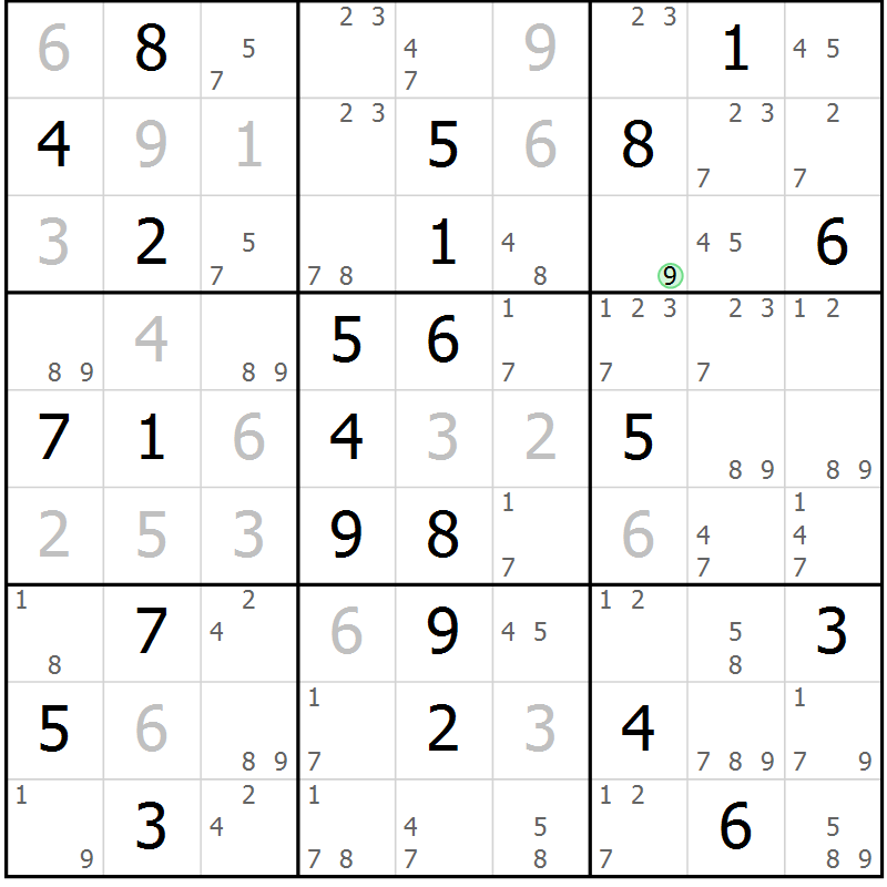 Position des candidats pour la solution de la Gr 69 page 72 du magazine de sudoku Suprême n° 034