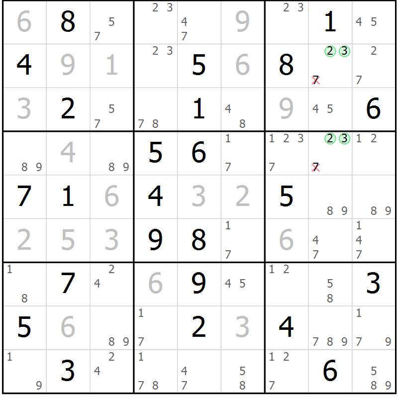 Position des candidats pour la solution de la Gr 69 page 72 du magazine de sudoku Suprême n° 034