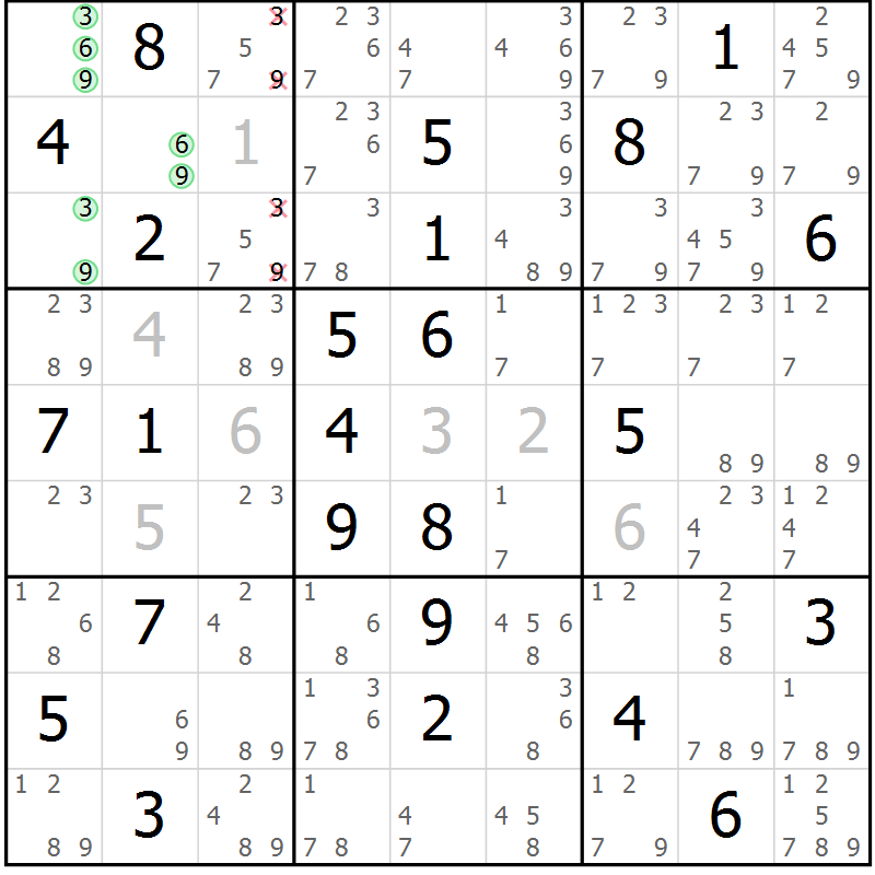 Position des candidats pour la solution de la Gr 69 page 72 du magazine de sudoku Suprême n° 034