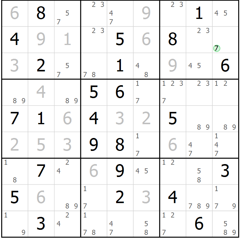 Position des candidats pour la solution de la Gr 69 page 72 du magazine de sudoku Suprême n° 034