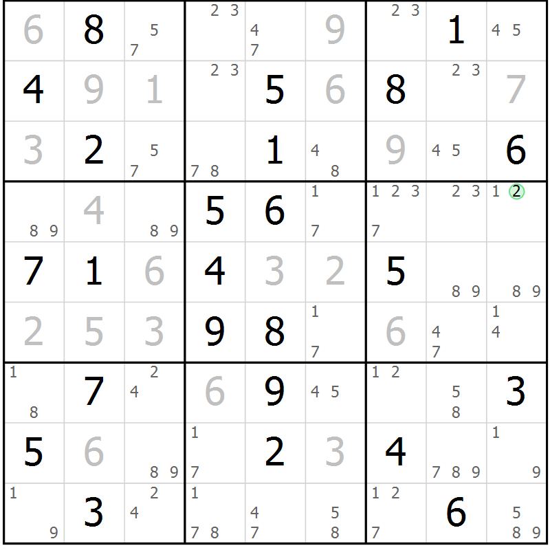 Position des candidats pour la solution de la Gr 69 page 72 du magazine de sudoku Suprême n° 034