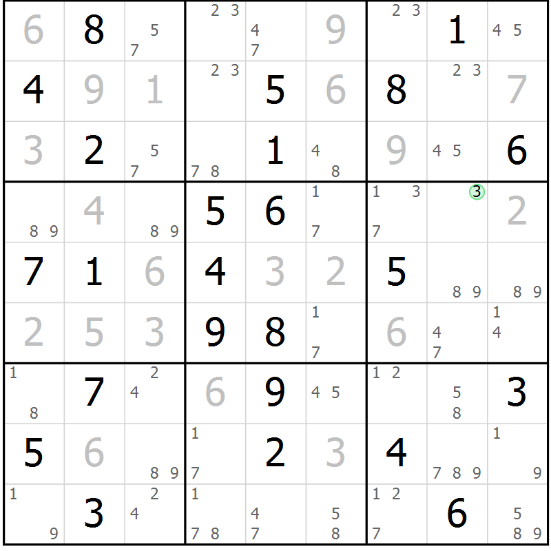 Position des candidats pour la solution de la Gr 69 page 72 du magazine de sudoku Suprême n° 034