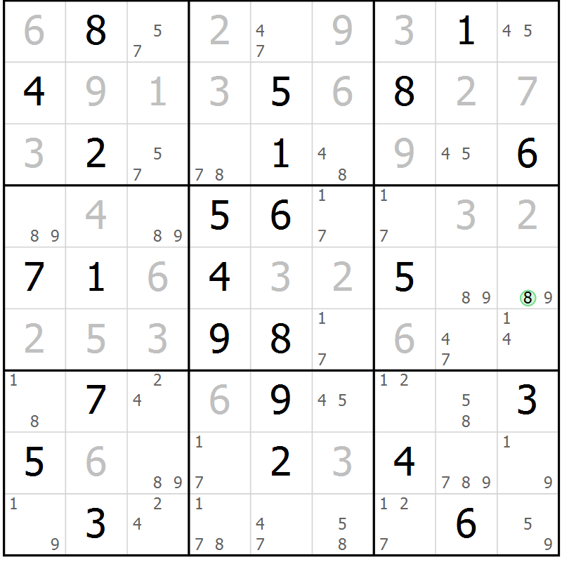 Position des candidats pour la solution de la Gr 69 page 72 du magazine de sudoku Suprême n° 034