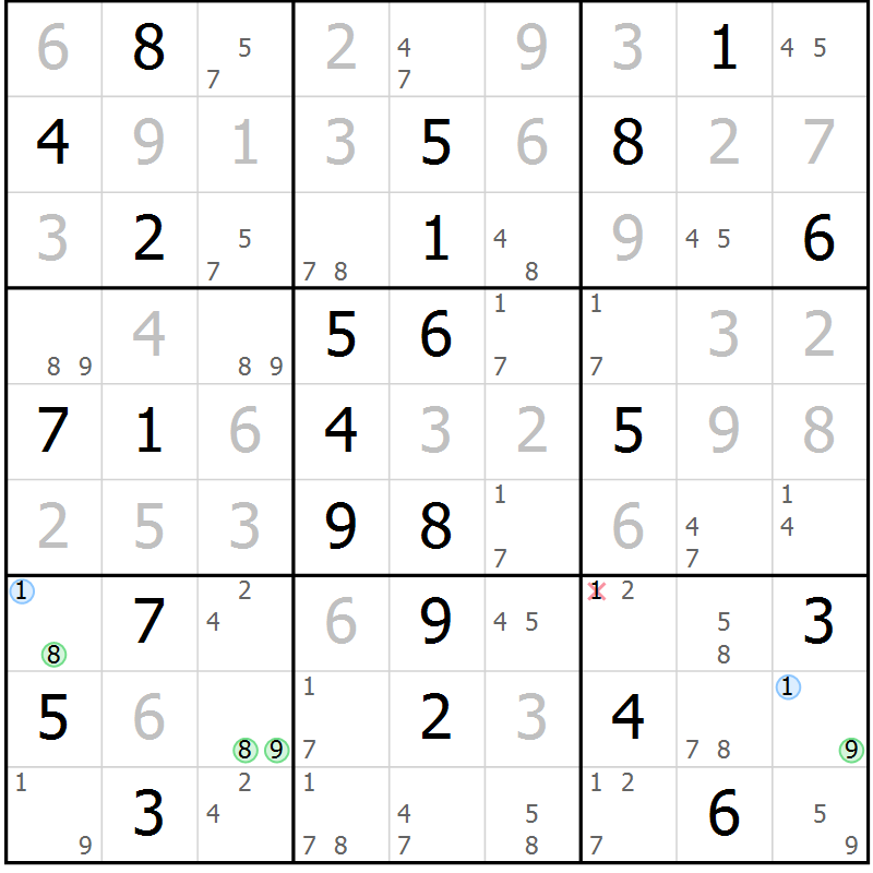 Position des candidats pour la solution de la Gr 69 page 72 du magazine de sudoku Suprême n° 034