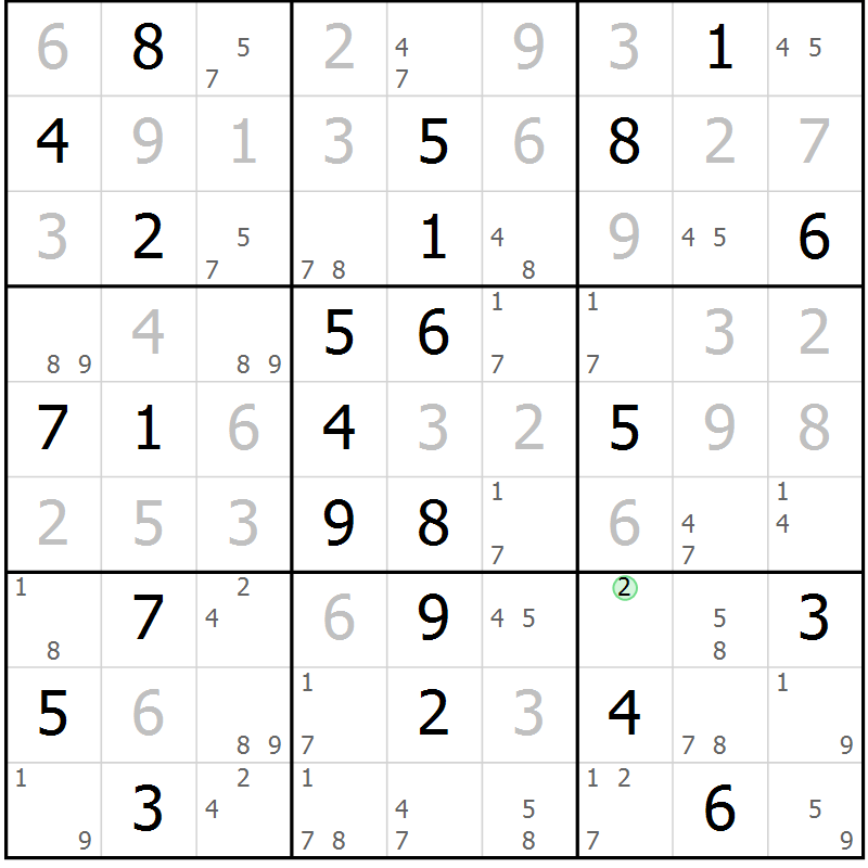 Position des candidats pour la solution de la Gr 69 page 72 du magazine de sudoku Suprême n° 034