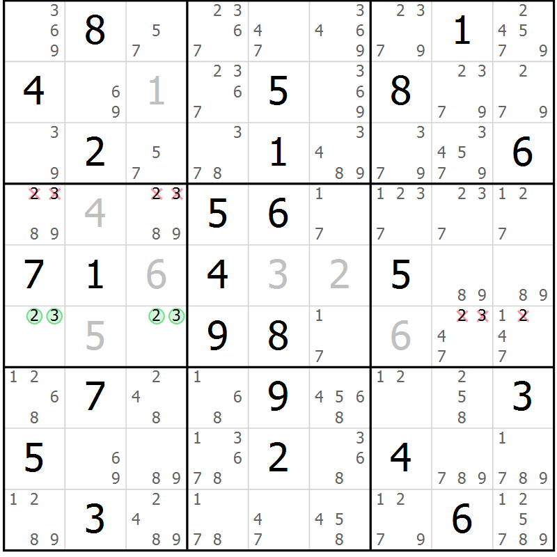 Position des candidats pour la solution de la Gr 69 page 72 du magazine de sudoku Suprême n° 034
