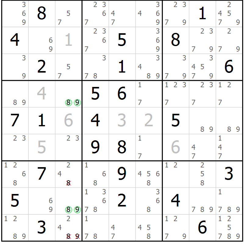 Position des candidats pour la solution de la Gr 69 page 72 du magazine de sudoku Suprême n° 034