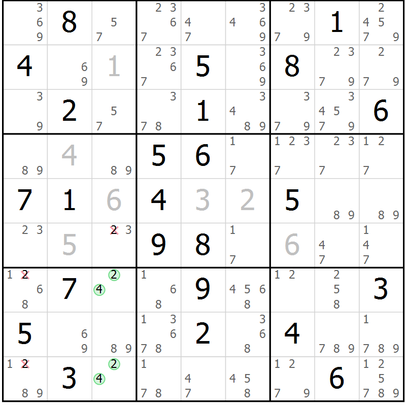 Position des candidats pour la solution de la Gr 69 page 72 du magazine de sudoku Suprême n° 034