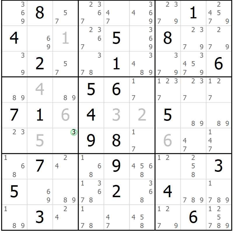 Position des candidats pour la solution de la Gr 69 page 72 du magazine de sudoku Suprême n° 034