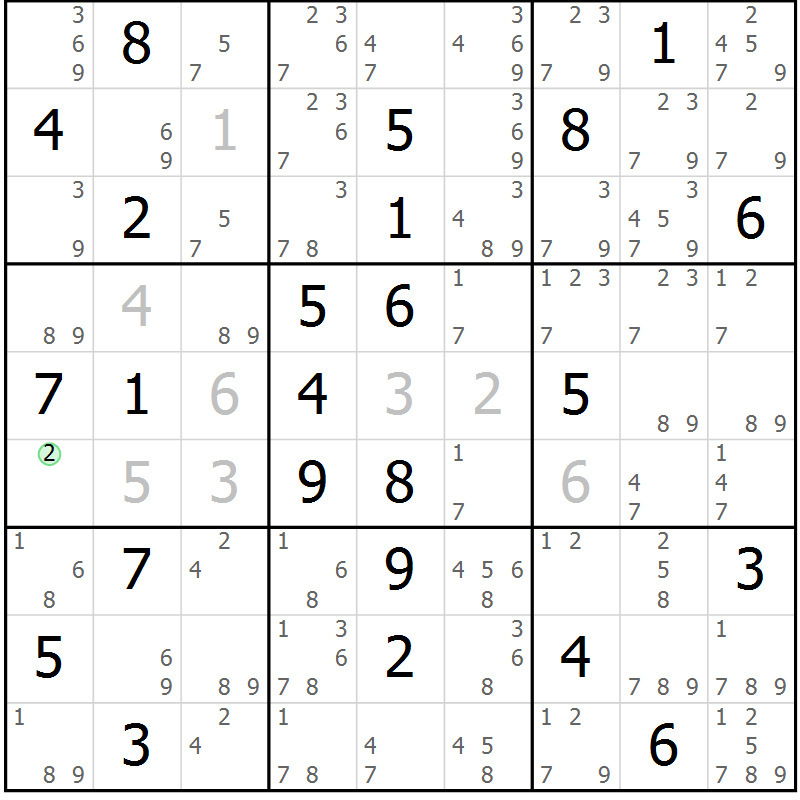 Position des candidats pour la solution de la Gr 69 page 72 du magazine de sudoku Suprême n° 034