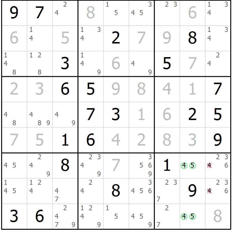 Position des candidats pour la solution de la Gr 7 page 10 du magazine de sudoku Suprême n° 034