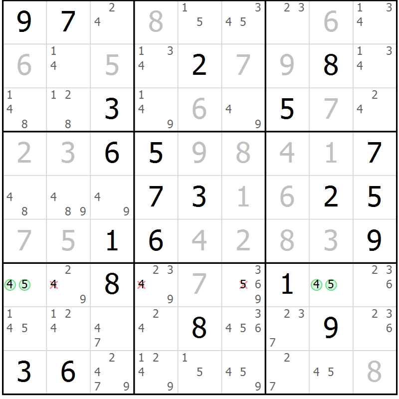 Position des candidats pour la solution de la Gr 7 page 10 du magazine de sudoku Suprême n° 034