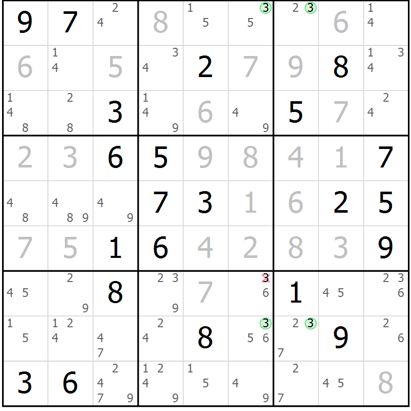Position des candidats pour la solution de la Gr 7 page 10 du magazine de sudoku Suprême n° 034