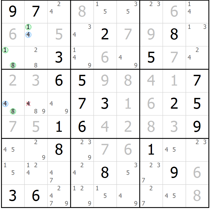 Position des candidats pour la solution de la Gr 7 page 10 du magazine de sudoku Suprême n° 034
