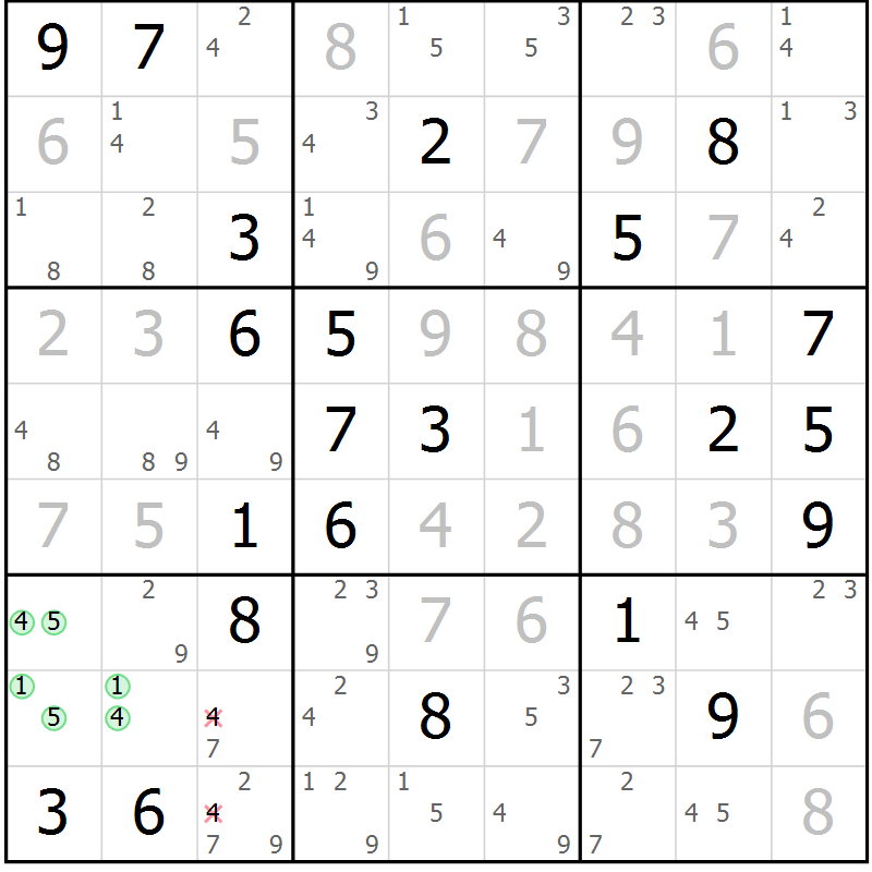 Position des candidats pour la solution de la Gr 7 page 10 du magazine de sudoku Suprême n° 034