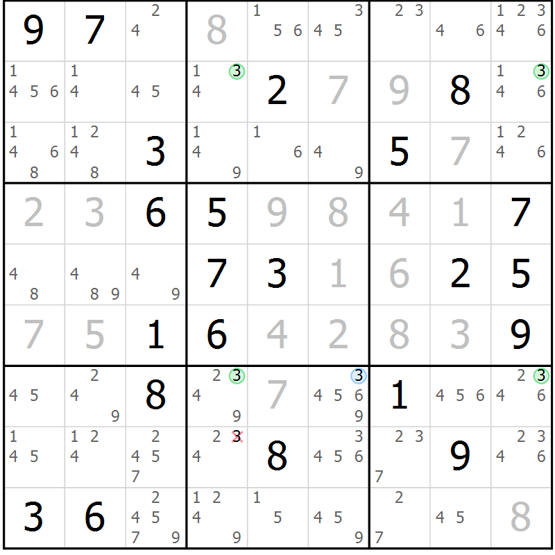 Position des candidats pour la solution de la Gr 7 page 10 du magazine de sudoku Suprême n° 034