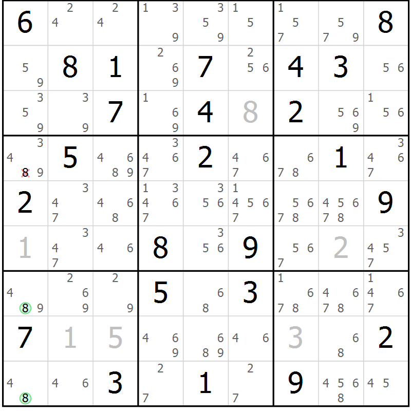 Position des candidats pour la solution de la Gr 70 page 73 du magazine de sudoku Suprême n° 034