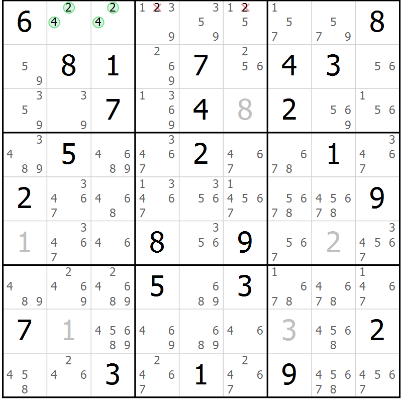 Position des candidats pour la solution de la Gr 70 page 73 du magazine de sudoku Suprême n° 034