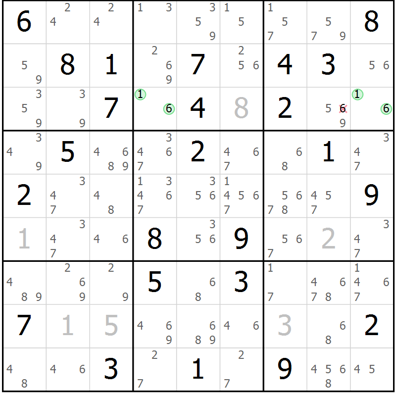 Position des candidats pour la solution de la Gr 70 page 73 du magazine de sudoku Suprême n° 034