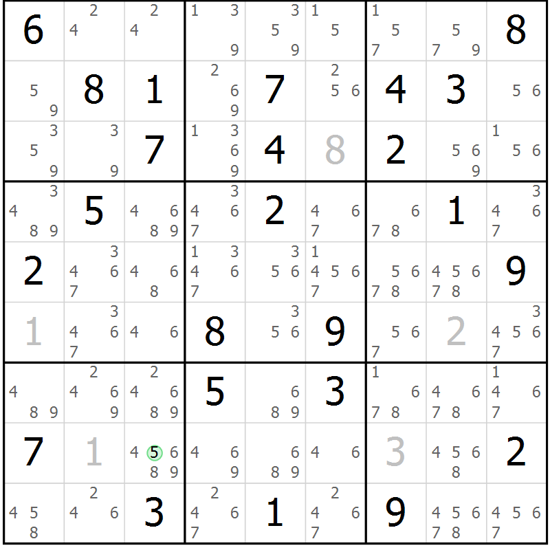 Position des candidats pour la solution de la Gr 70 page 73 du magazine de sudoku Suprême n° 034