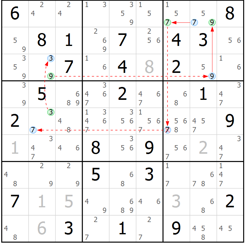 Position des candidats pour la solution de la Gr 70 page 73 du magazine de sudoku Suprême n° 034