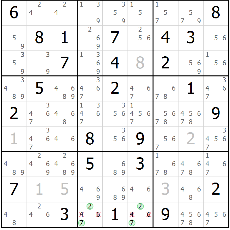 Position des candidats pour la solution de la Gr 70 page 73 du magazine de sudoku Suprême n° 034