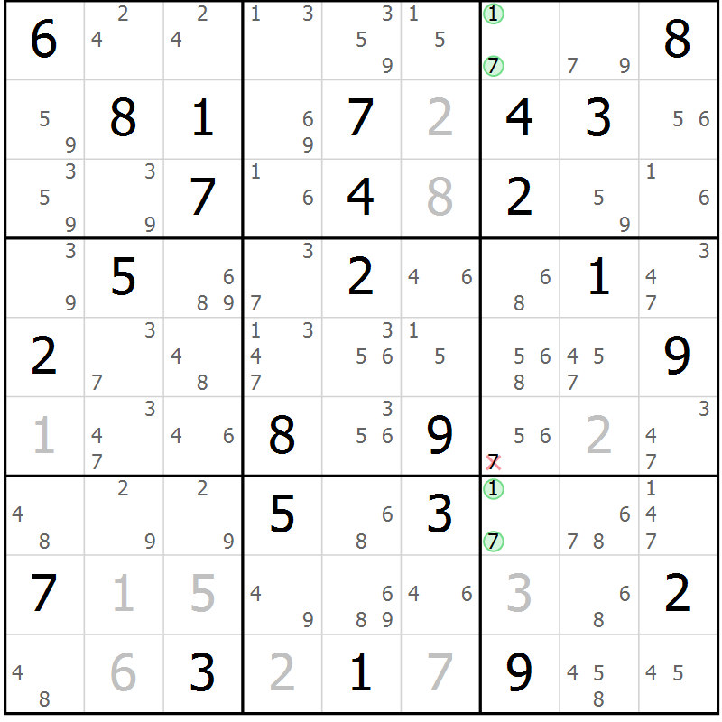 Position des candidats pour la solution de la Gr 70 page 73 du magazine de sudoku Suprême n° 034