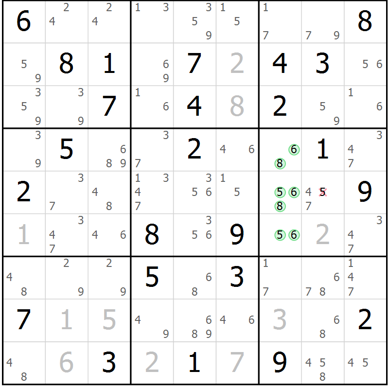 Position des candidats pour la solution de la Gr 70 page 73 du magazine de sudoku Suprême n° 034