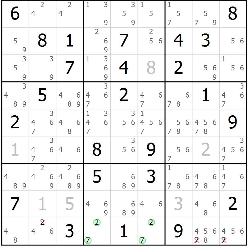 Position des candidats pour la solution de la Gr 70 page 73 du magazine de sudoku Suprême n° 034