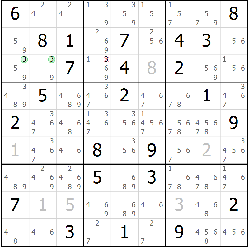 Position des candidats pour la solution de la Gr 70 page 73 du magazine de sudoku Suprême n° 034
