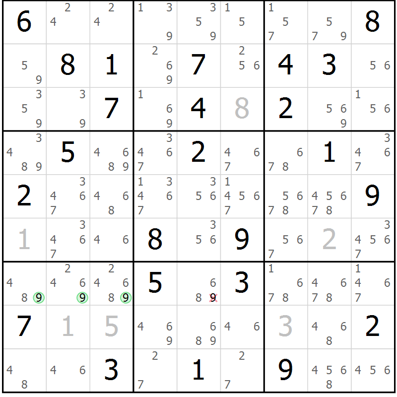 Position des candidats pour la solution de la Gr 70 page 73 du magazine de sudoku Suprême n° 034