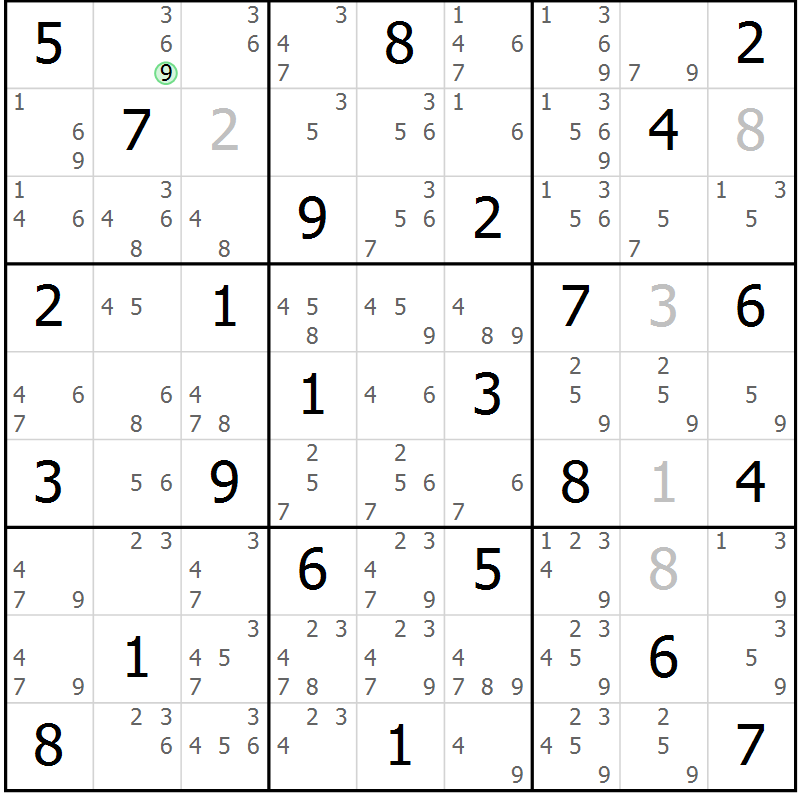 Position des candidats pour la solution de la Gr 71 page 74 du magazine de sudoku Suprême n° 034