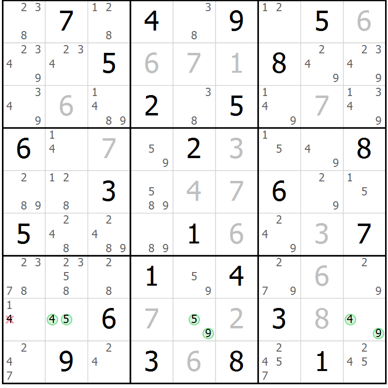 Position des candidats pour la solution de la Gr 72 page 75 du magazine de sudoku Suprême n° 034