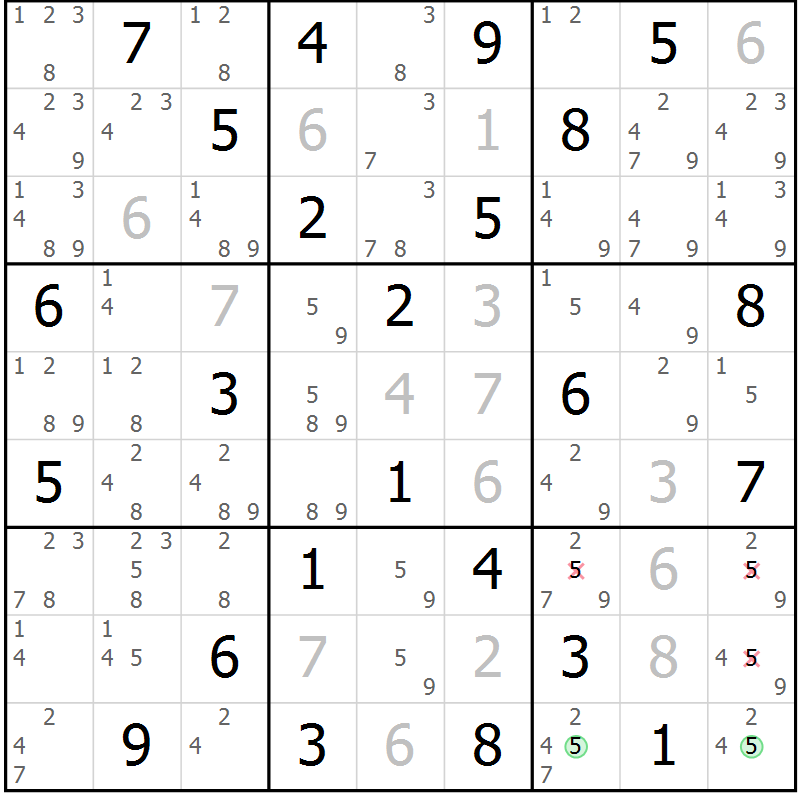 Position des candidats pour la solution de la Gr 72 page 75 du magazine de sudoku Suprême n° 034