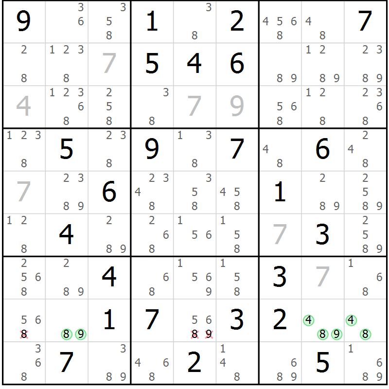 Position des candidats pour la solution de la Gr 73 page 76 du magazine de sudoku Suprême n° 034