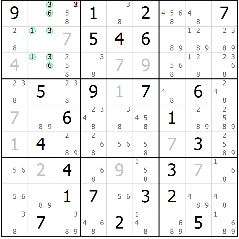 Position des candidats pour la solution de la Gr 73 page 76 du magazine de sudoku Suprême n° 034